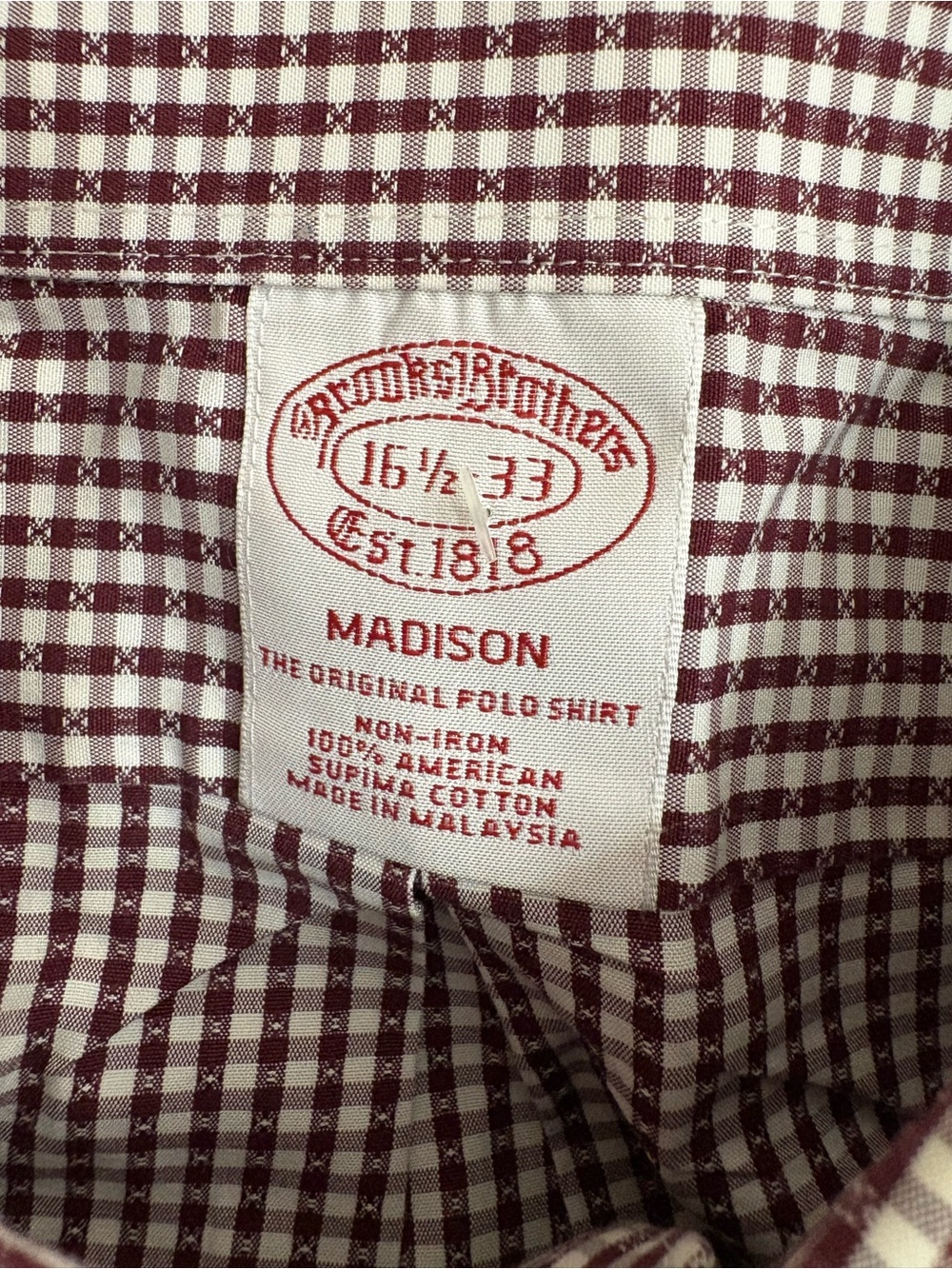 BROOKS BROTHERS Madison burgundy/ white checkered Long Sleeve Shirt Size 16 1/2
